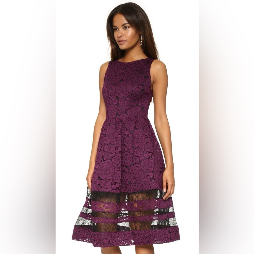 Alice + Olivia Purple Lace Fit-and-Flare Midi Dress